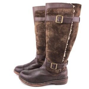UGG Women's Dunwich Brown Leather Tall Winter Boots Buckle Hook Loop Size 7